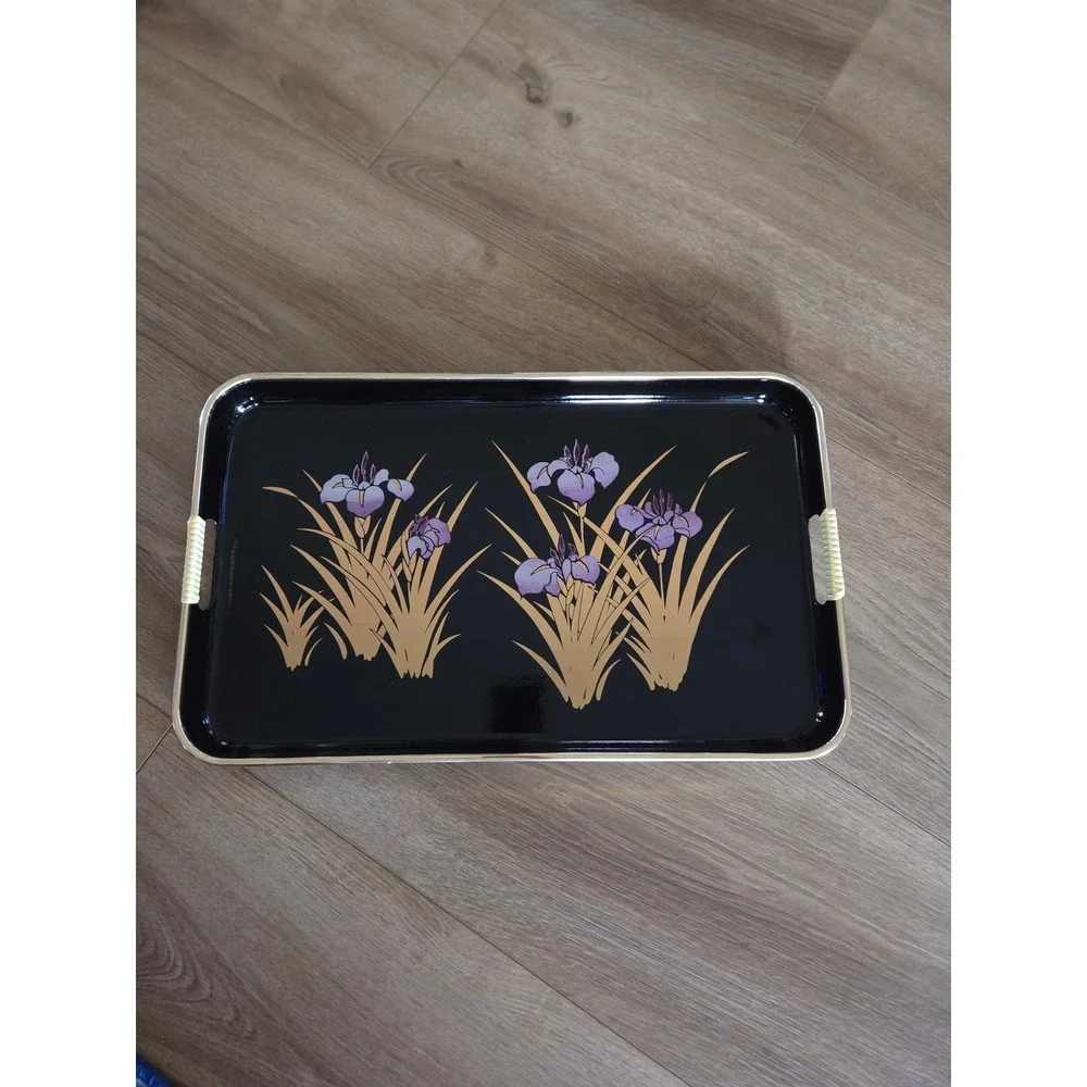 Vintage Japanese Lacquerware Tray Set Black Gold Purple Iris Floral 2 Pieces